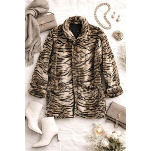 Cervelle Wms Reversible Denim Tiger Jacket Large Black Faux Fur Mob Wife Heavy